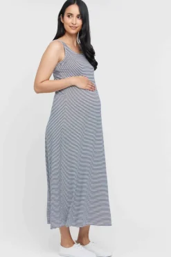 Bamboo Maxi Maternity Dress - Thin Stripe