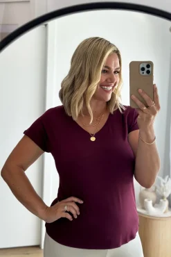 Belle V Neck Tee - Burgundy