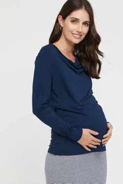 Long Sleeve Cowl Neck Maternity Top - Navy