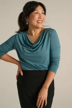 Long Sleeve Cowl Neck Top - Ocean