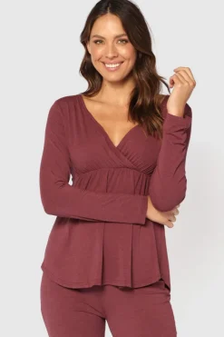 Long Sleeve Cross Front PJ Top - Burgundy