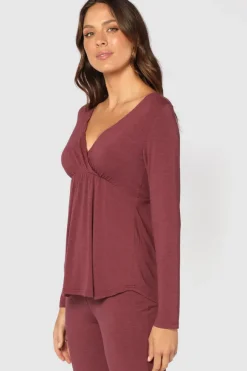 Long Sleeve Cross Front PJ Top - Burgundy