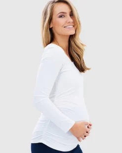 Long Sleeve Ruched Maternity Tee - White