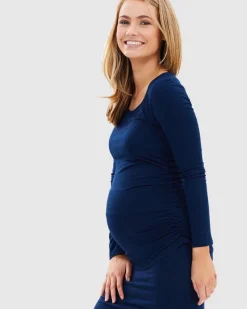 Long Sleeve Ruched Maternity Tee - Navy