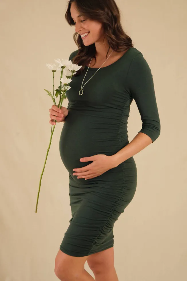 3/4 Sleeve Maternity Ruched Dress - Forest