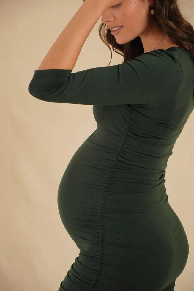 3/4 Sleeve Maternity Ruched Dress - Forest