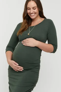 3/4 Sleeve Maternity Ruched Dress - Forest