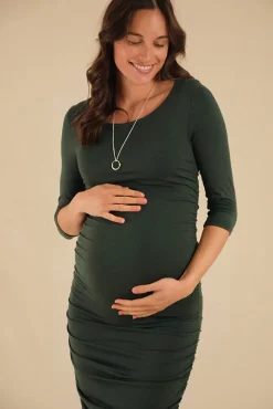 3/4 Sleeve Maternity Ruched Dress - Forest